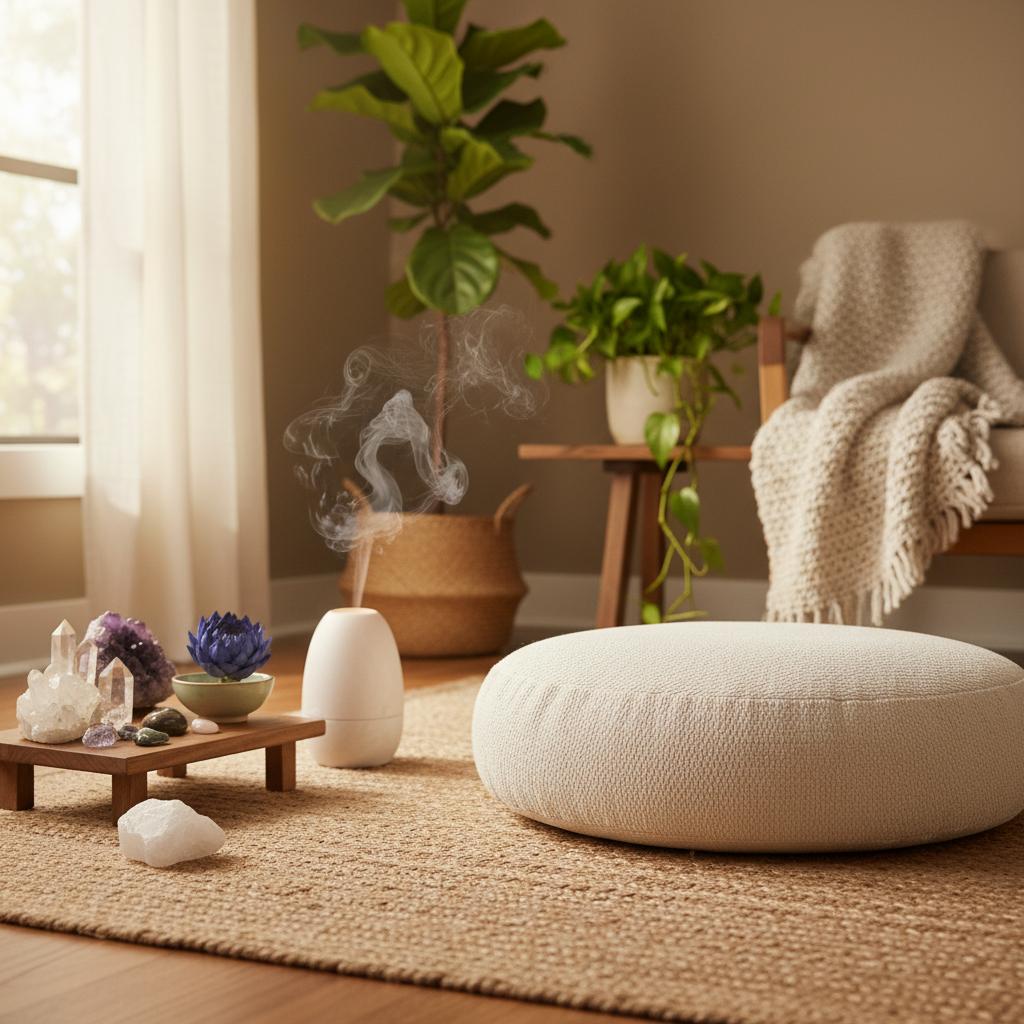Canto de meditação com almofada de chão, pedras e plantas, no estilo do Dossiê Eco-Holístico